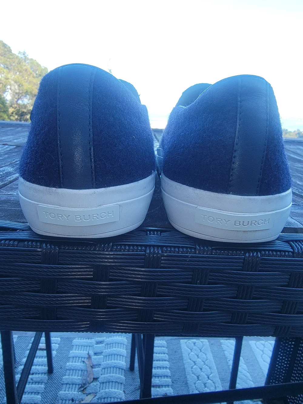Tory Burch Rudi Stardust Navy and Olive Slip-On Ombre Wool Sneakes Sz 8.5